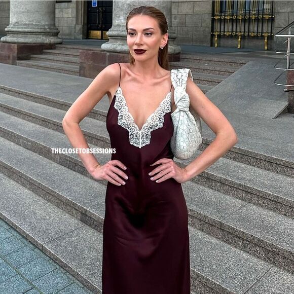 NWT ZARA LACE SLIP DRESS ZW COLLECTION satin silk maxi dress Lingerie Burgundy - Picture 3 of 16